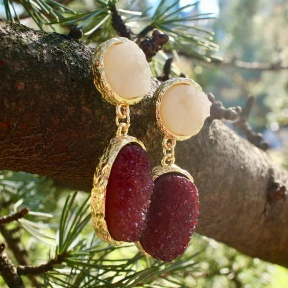 Anthropologie Druzy Wine Teardrop Dangle Earrings - Picture 8 of 12